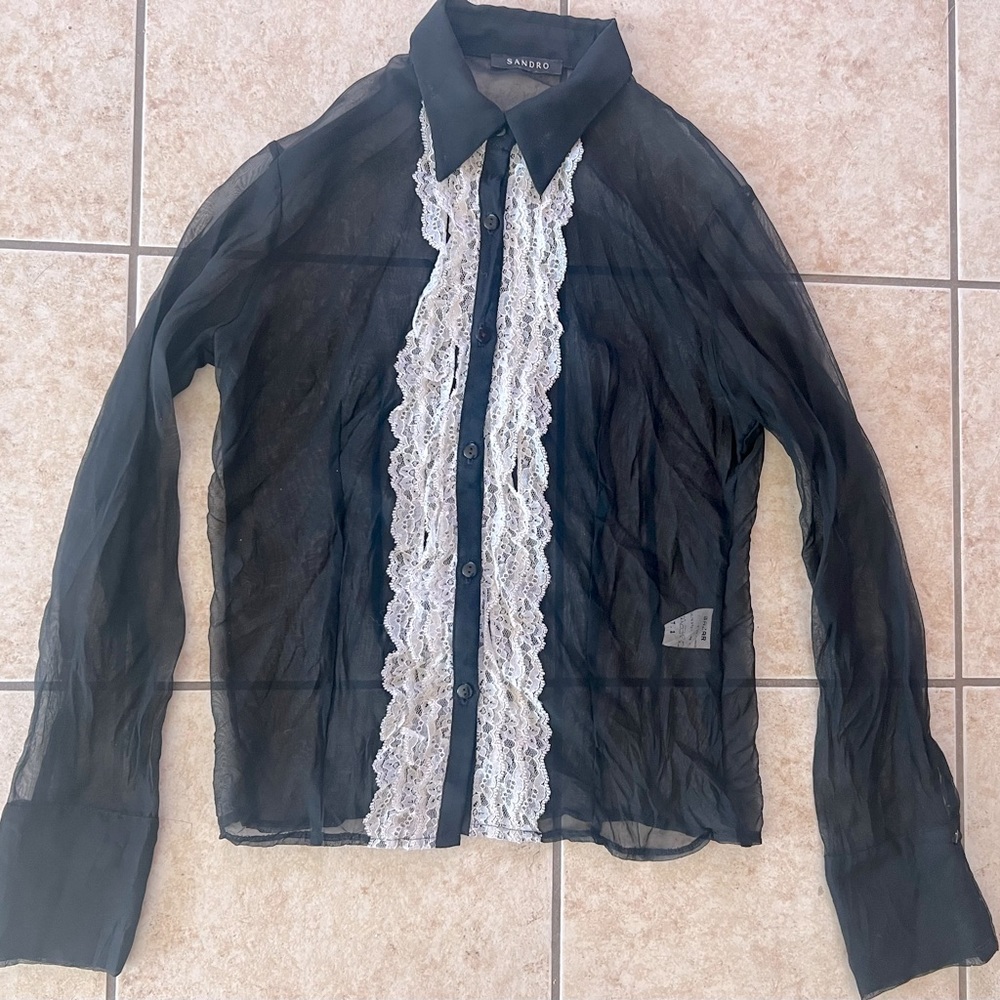 Sandro Black Sheer Button Down Shirt with White Lace